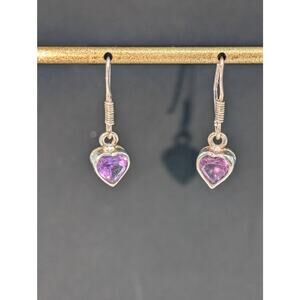 Vintage 925 Sterling Silver Amethyst Heart Dangle Wire Earrings